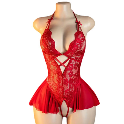Front Clasp Open Bra Porn Lingerie Corset Deep V Sexy Crotchless Claret Underwear Women Lace Hollow Bras Hot Baby Doll Dress