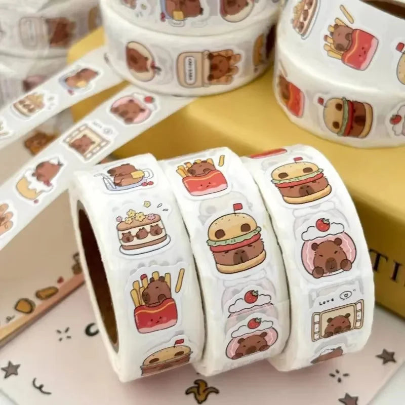 500Pcs Capybara Stickers Roll Waterproof PVC Self-Adhesive Decals Cute Animal & Food-Themed Perfect for Laptops Scrapbook Phones