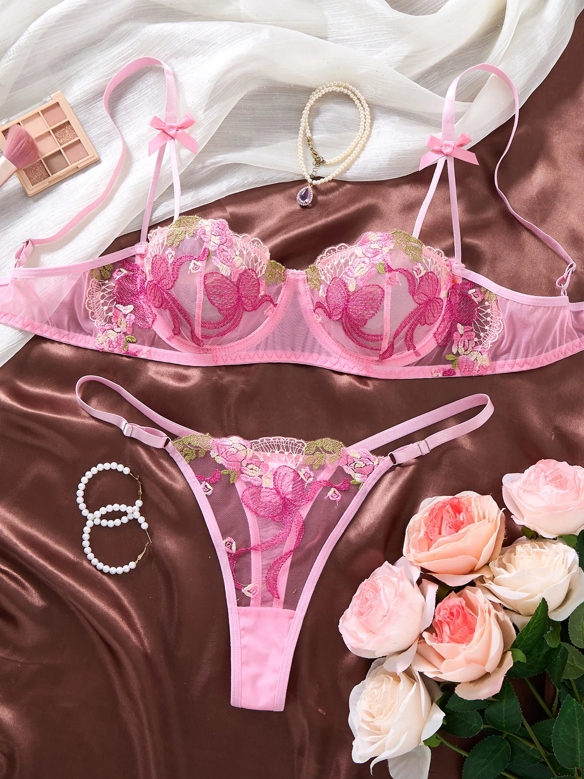 Pink Floral Embroidered Bra & Brief Set
