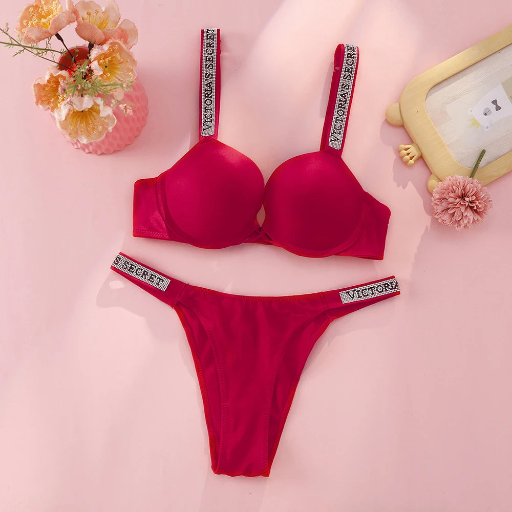 Victoria Secret Hot Sexy Lingerie Set Very Sexy Logo Shine Strap Tropical Floral Push Up Bra Shine Script Thong Panty