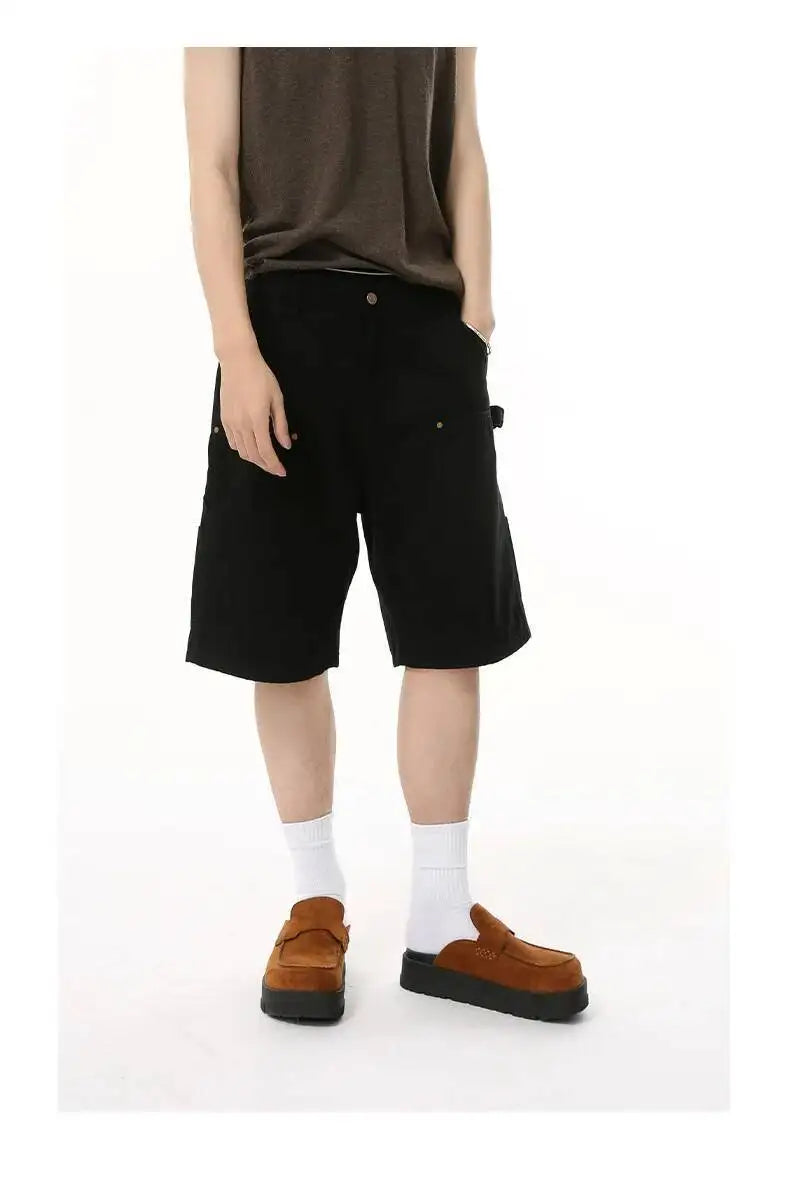IEFB Men's Wear Knee Length Denim Shorts Summer New Multi Pocket Loose Jeans Solid Color Japanese Style Male Overalls 9C6027