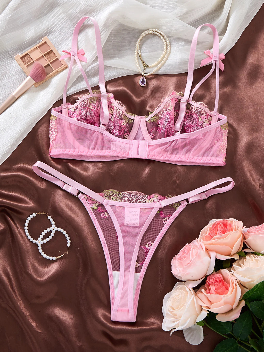 Pink Butterfly Embroidered Bra & Thong Set