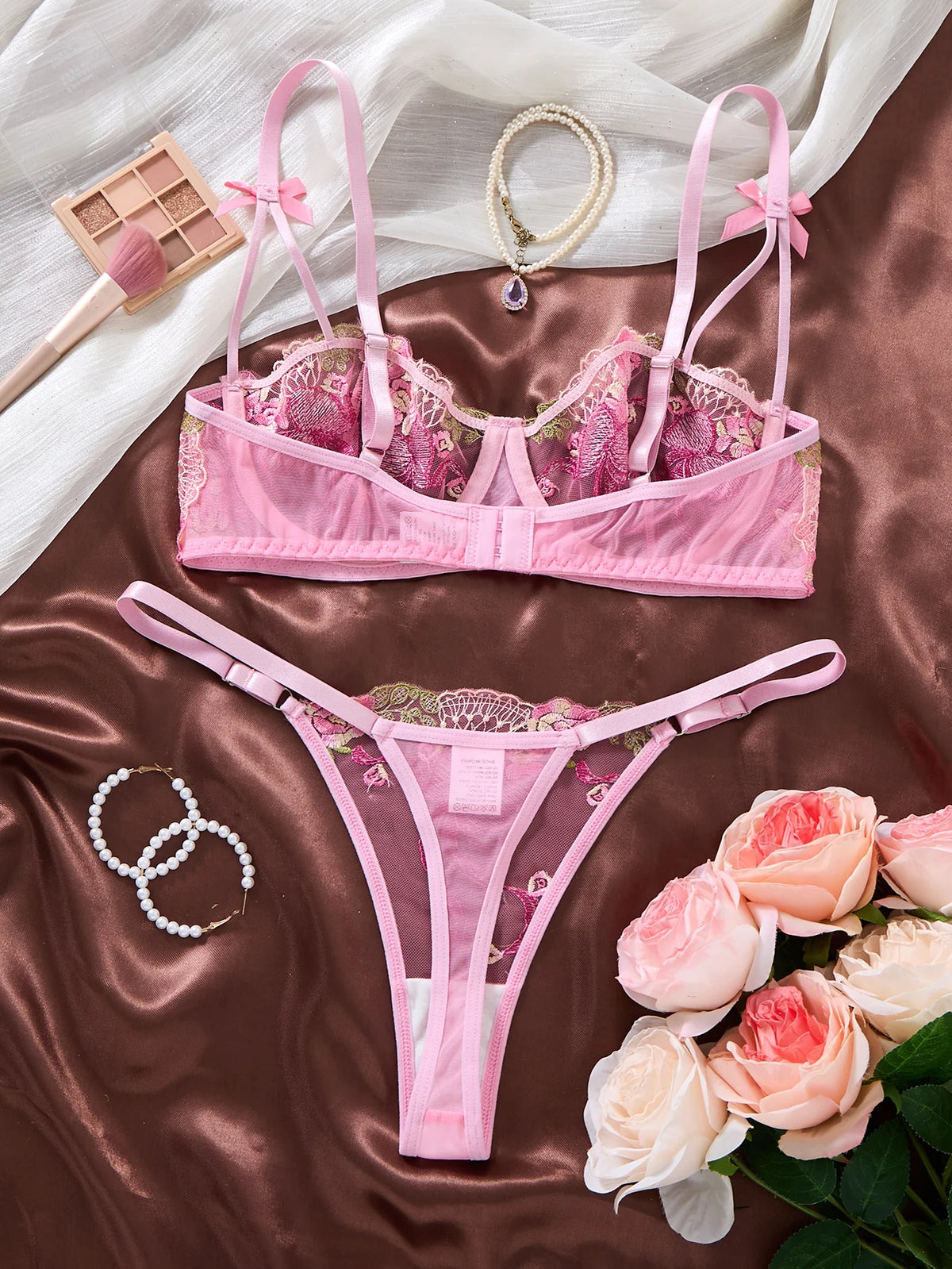 Pink Floral Embroidered Bra & Brief Set