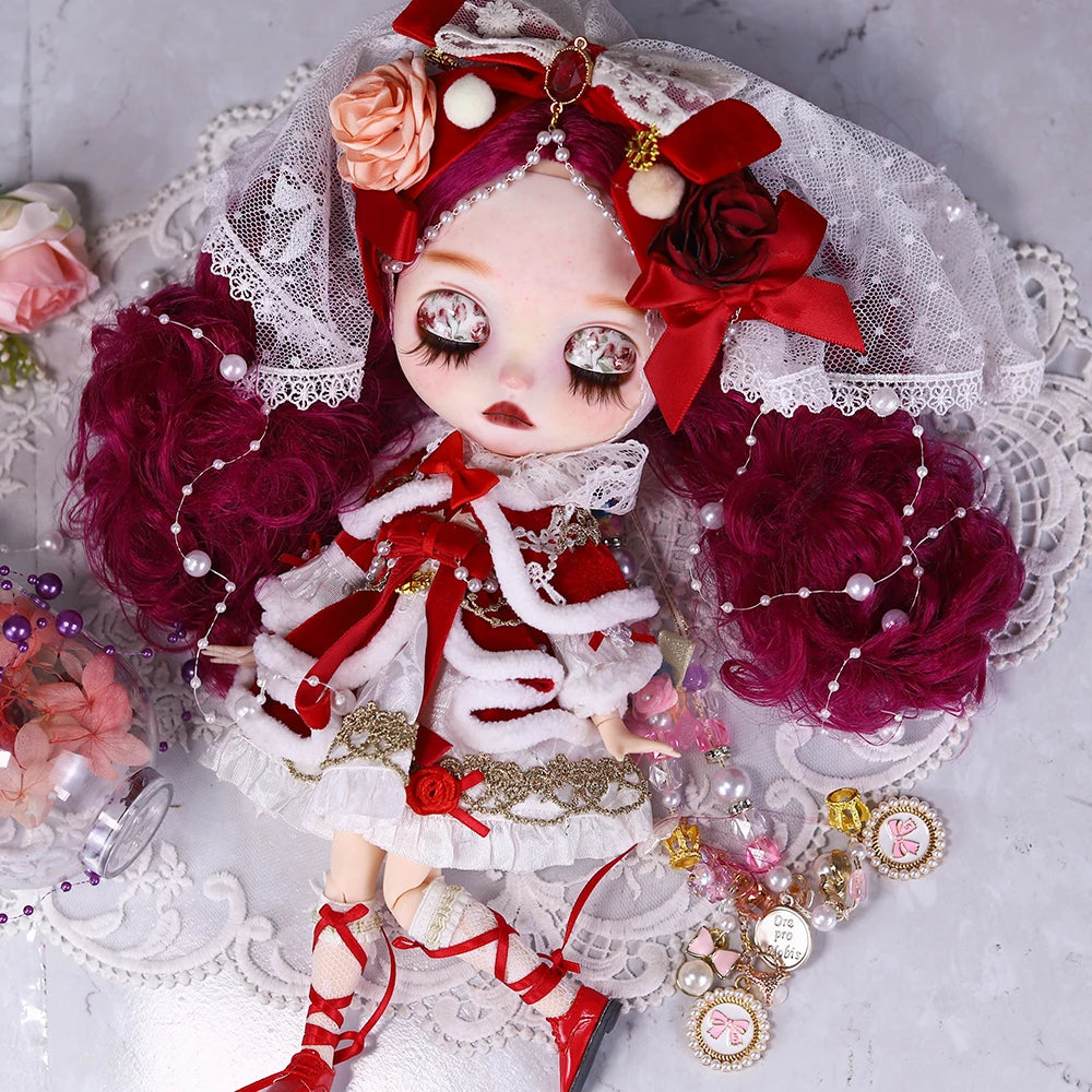 ICY DBS Blyth 1/6 Doll Hand drawn White Skin Red Rose Hand drawn Set Girl Gift