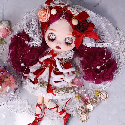 ICY DBS Blyth 1/6 Doll Hand drawn White Skin Red Rose Hand drawn Set Girl Gift