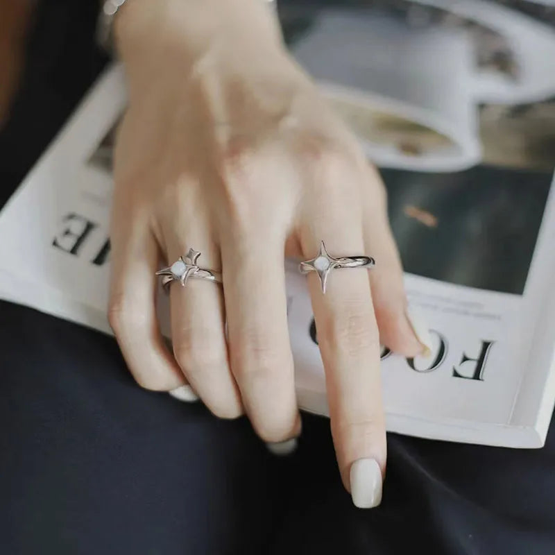 Irregular Cross Star Opal Rings Y2K Natural Stone Star Ring for Women Men Couple Rings Moonstone Zircon Ring Unisex Jewelry 2024
