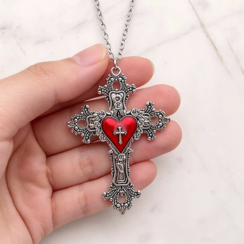 Y2K Gothic Big Cross Necklace Pink Black Red Heart Irregular Goth Large Cross Pendant Necklaces for Men Women Couple Jewelry