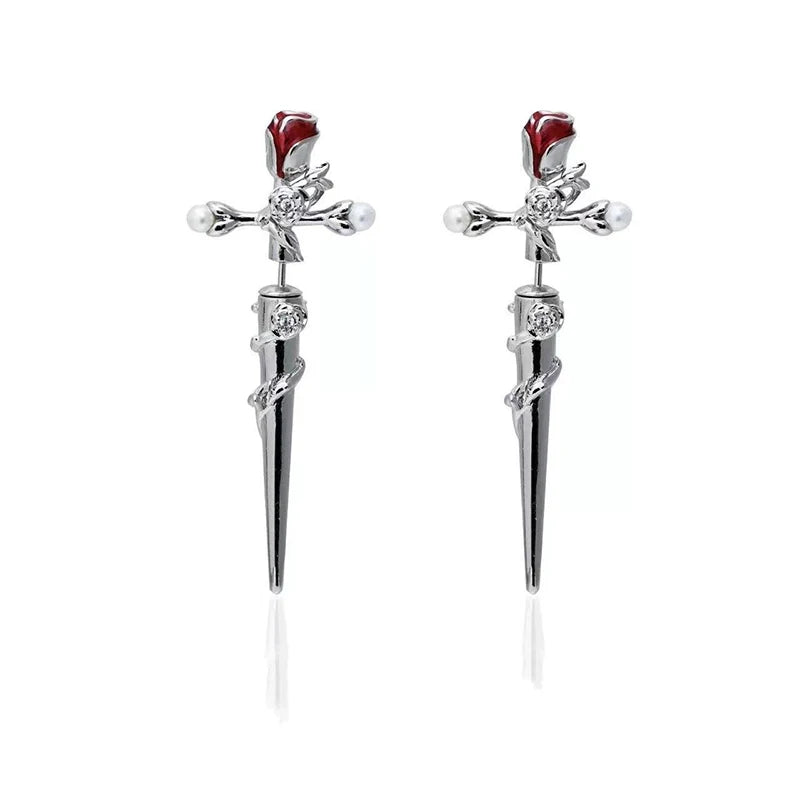 Gothic Red Rose Flower Cross Piercing Earrings Harajuku Kpop Dark Thorn Rose Stud Earring Grunge Girl Cross Sword Jewelry Party