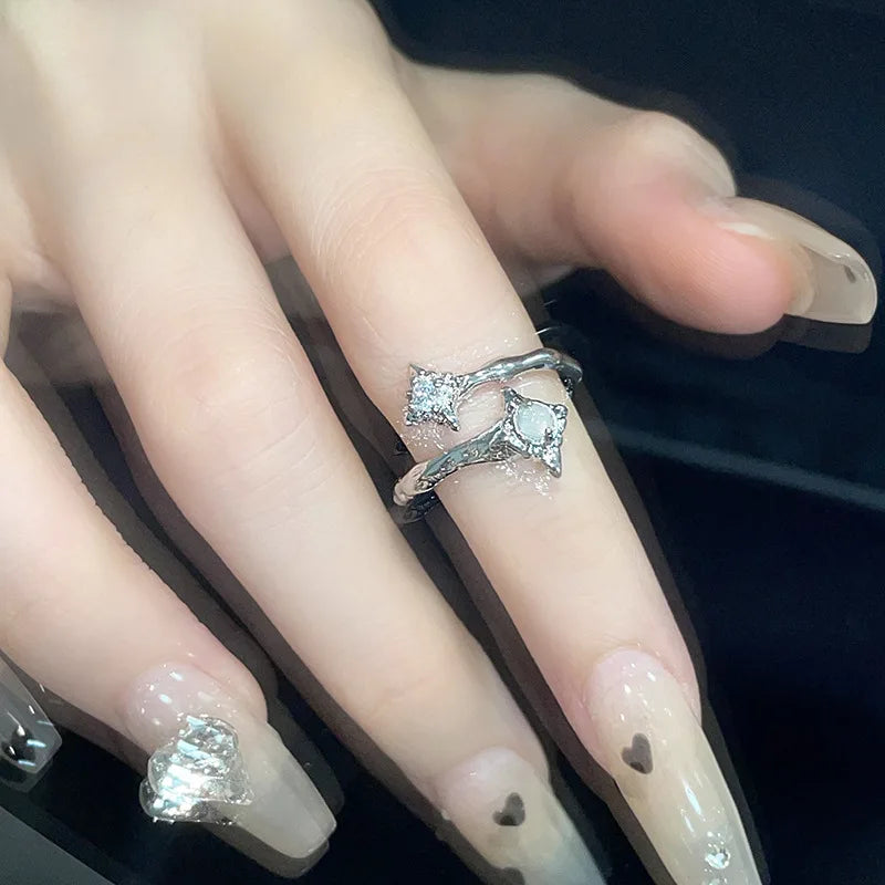 Irregular Cross Star Opal Rings Y2K Natural Stone Star Ring for Women Men Couple Rings Moonstone Zircon Ring Unisex Jewelry 2024