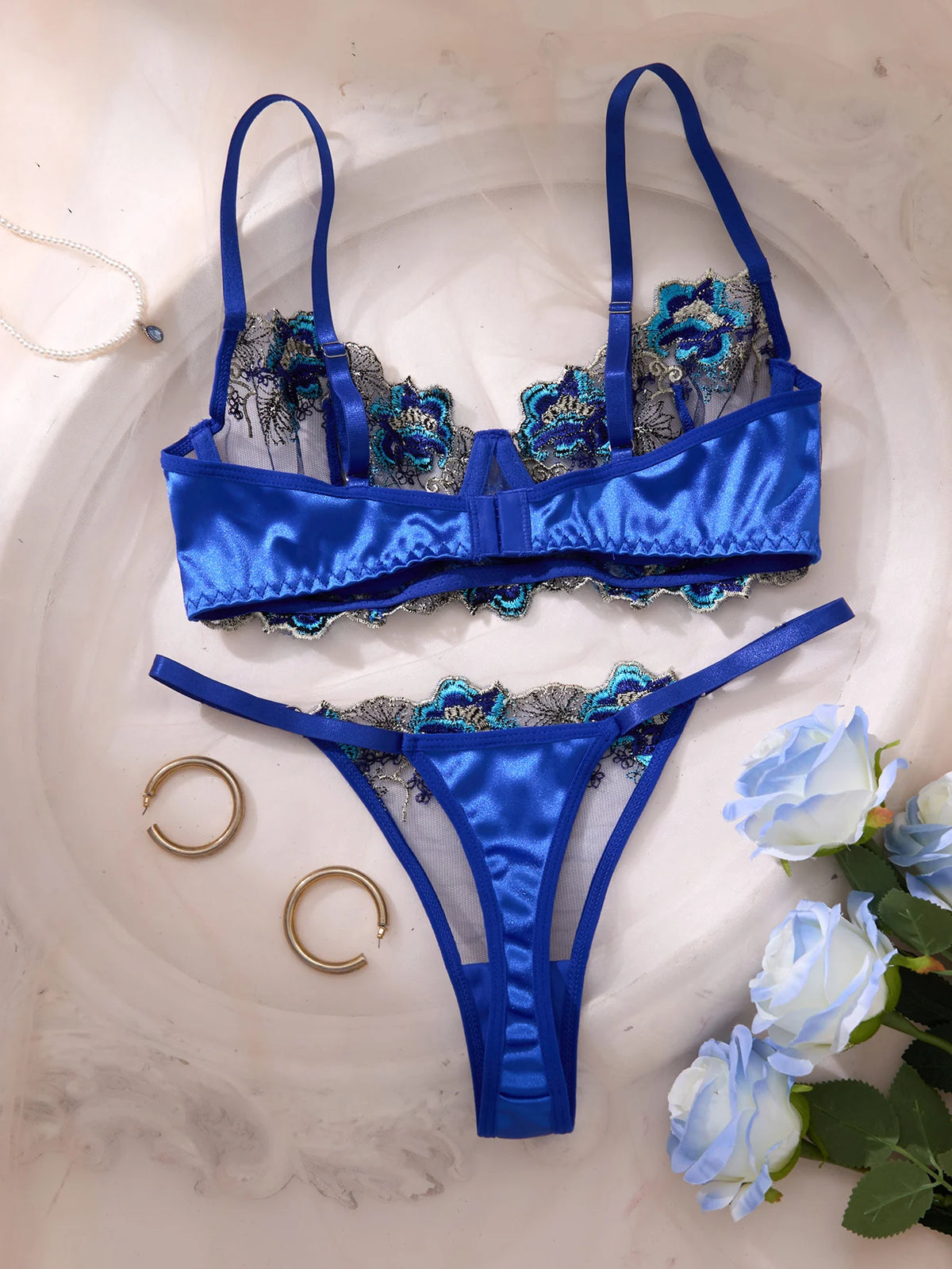 Blue Floral Embroidered Bra & Panty Set