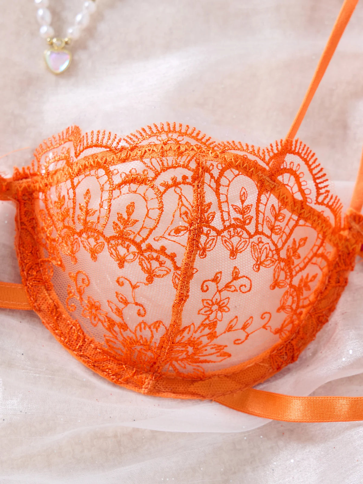 Orange Floral Embroidered Bra & Tie-Side Thong Set