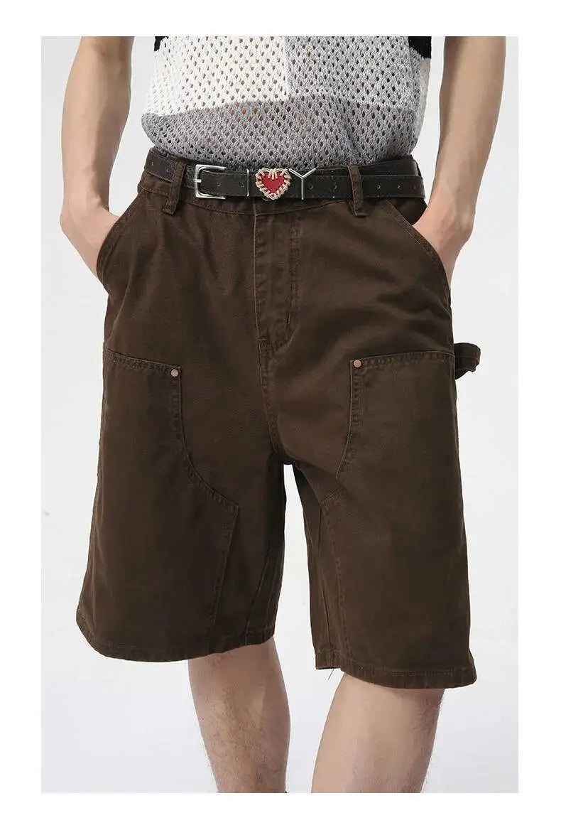 IEFB Men's Wear Knee Length Denim Shorts Summer New Multi Pocket Loose Jeans Solid Color Japanese Style Male Overalls 9C6027