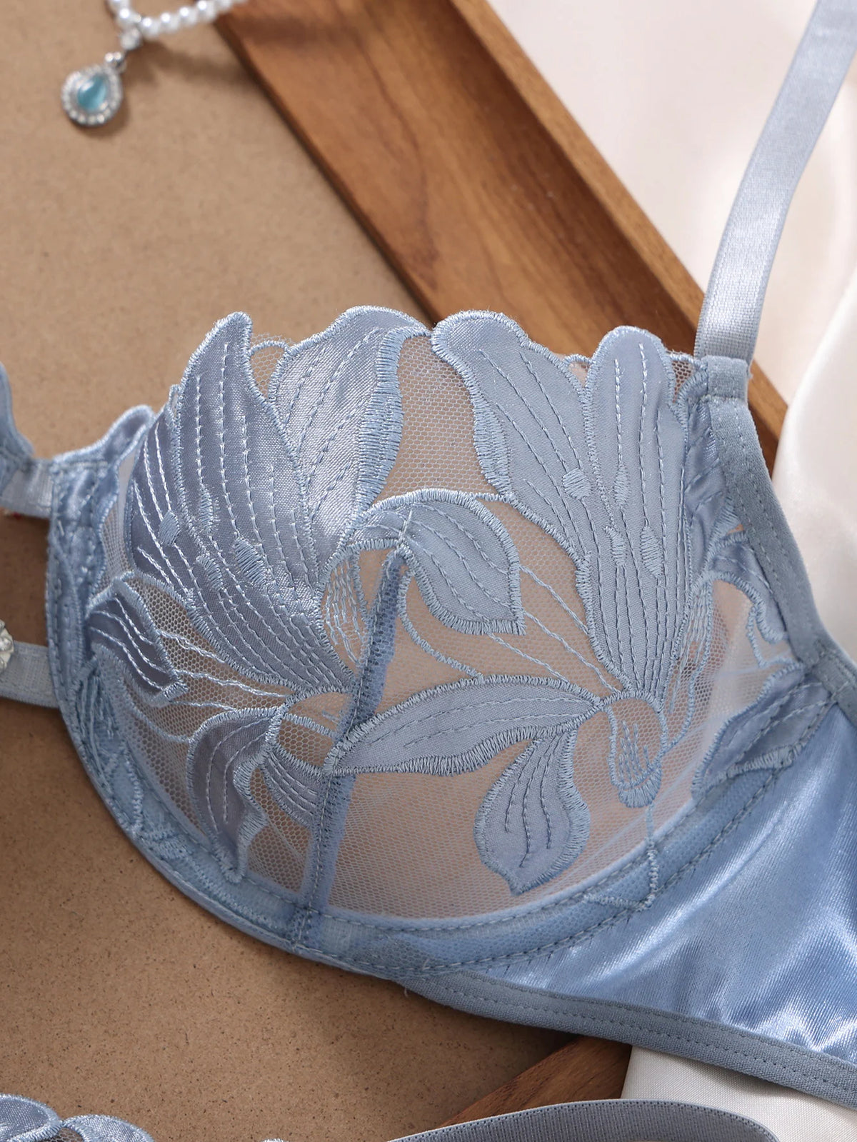 Women's Light Blue Leaf Embroidered Bra & Brief Set