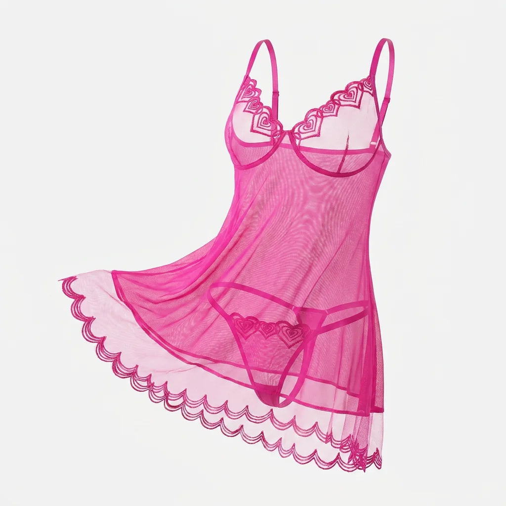 Pink Embroidered Halter Nightgown Set