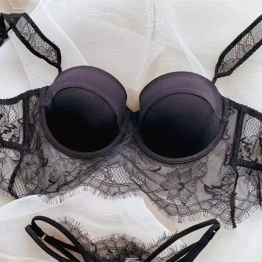 Sexy Lace Underwear Female Poly Poly Thin Soft Steel Ring up Support Anti-Sagging Collect Vice Breasts Solid Color Back Bra Set