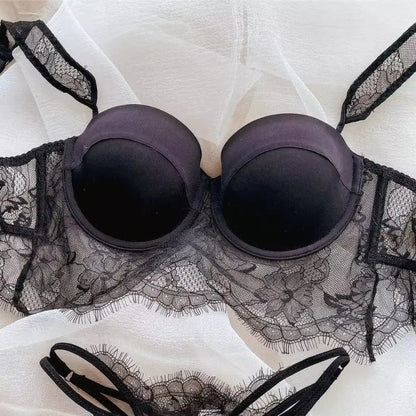 Sexy Lace Underwear Female Poly Poly Thin Soft Steel Ring up Support Anti-Sagging Collect Vice Breasts Solid Color Back Bra Set