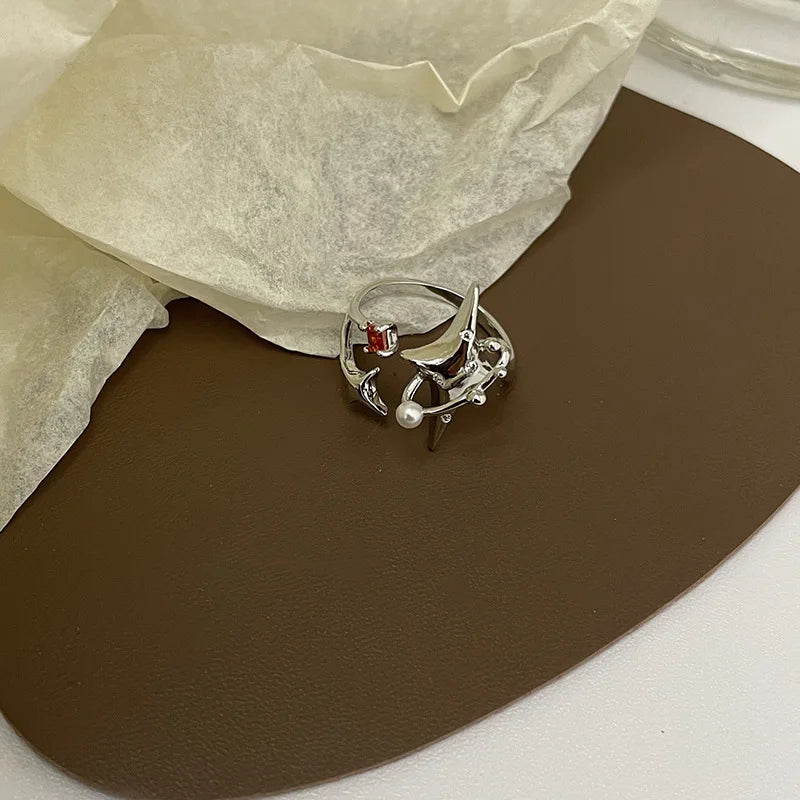 Irregular Cross Star Opal Rings Y2K Natural Stone Star Ring for Women Men Couple Rings Moonstone Zircon Ring Unisex Jewelry 2024