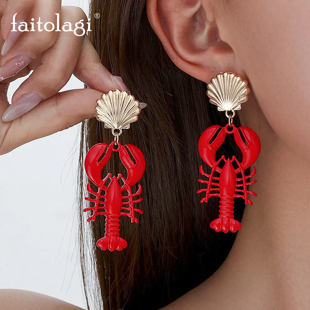 2025 Exaggerated Lobster Seashell Drop Earrings Bohemian Summer Beach Ocean Style Animal Colorful Crab Lobster Holiday Earring