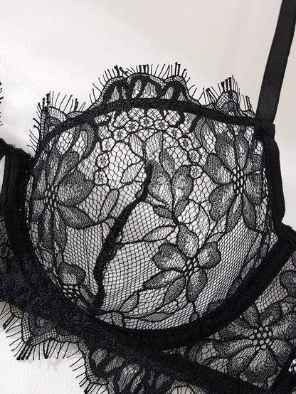 Women's Black Floral Lace Bra & Brief Set