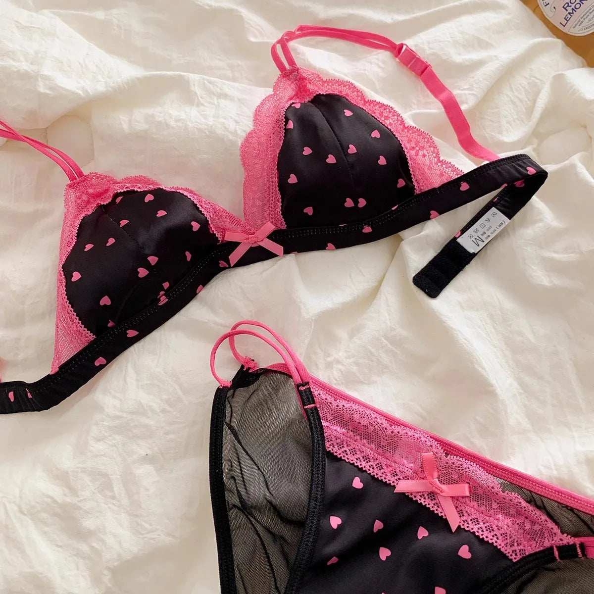 Women's Satin Lace Triangle Cup Bra Set