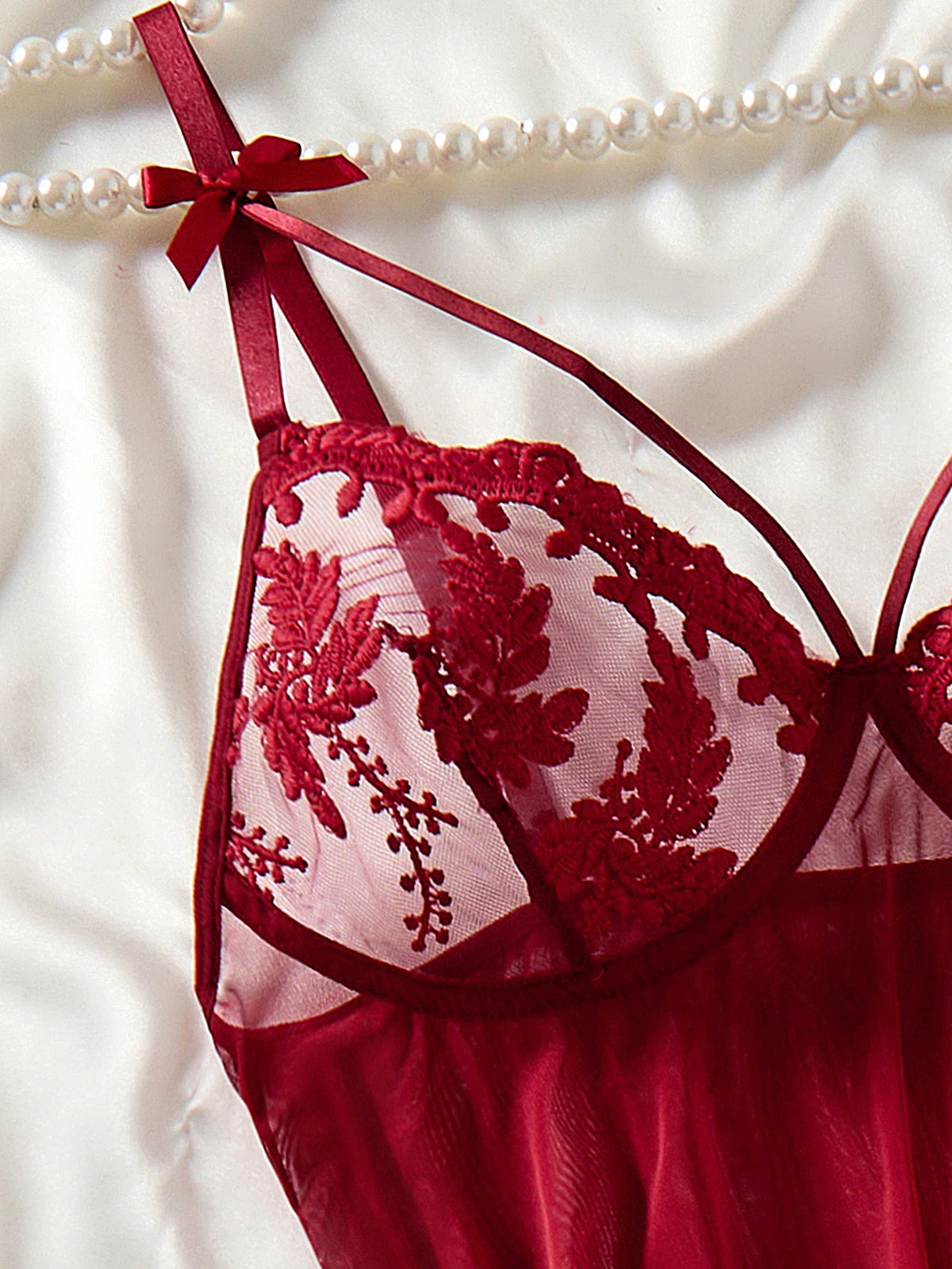 Wine Red Embroidered Sheer Nightgown