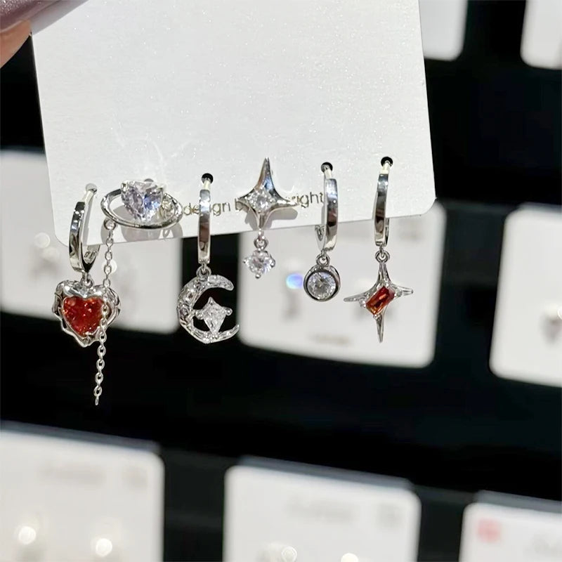 6Pcs Y2K Dark Red Zircon Star Moon Earring Set Gothic Black Butterfly Bow Tassel Earrings Set Kpop Heart Cross Star Earring Sets