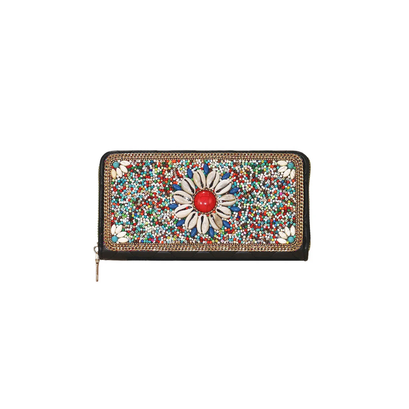 Women's Boho Seed Bead Flower Long Purse – Rhinestone Zipper Clutch, Black
