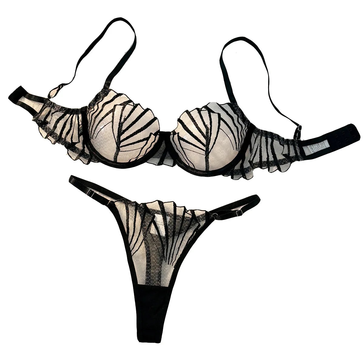 Black Leaf Embroidered Bra & Thong Set