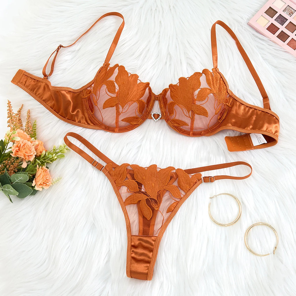 Gold Floral Embroidered Bra & Thong Set