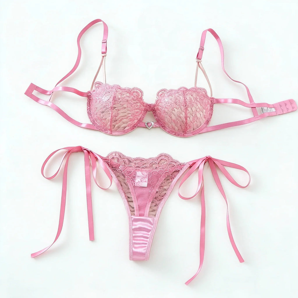 Pink Floral Embroidered Bra & Tie-Side Thong Set