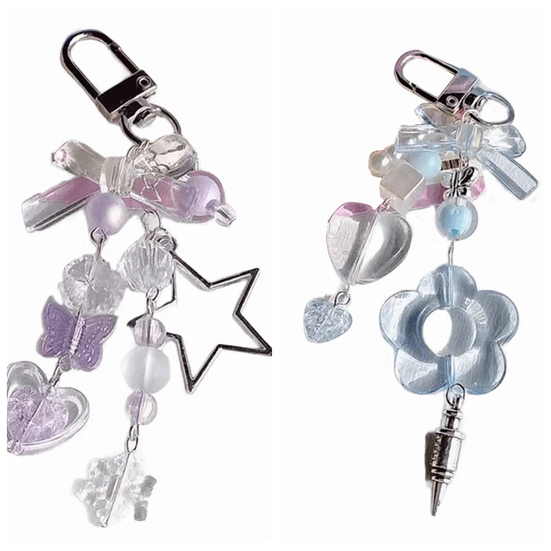 Y2K Bow Star Wing Couple Keychain Cute Blue Bowknot Heart Pendant Key Chain Purple Butterfly Beaded  Phone Charm Bag Keyring