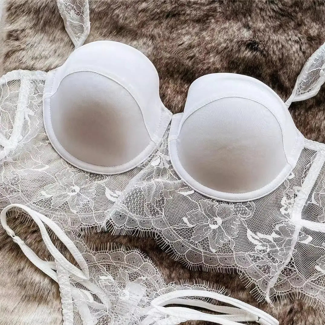 Sexy Lace Underwear Female Poly Poly Thin Soft Steel Ring up Support Anti-Sagging Collect Vice Breasts Solid Color Back Bra Set