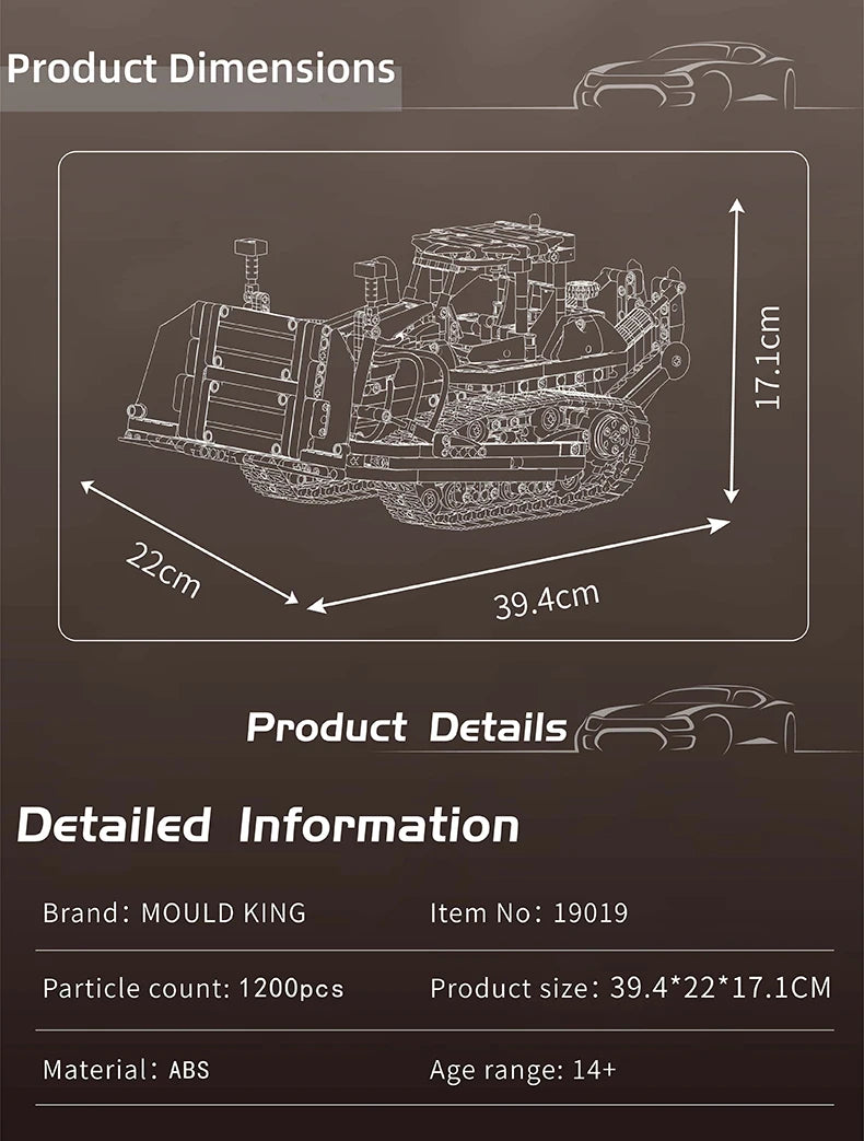 Mould King Technik Bulldozer Construction Kit, 19019 PR756 Bulldozer Model with Pneumatics, Toy Bulldozer