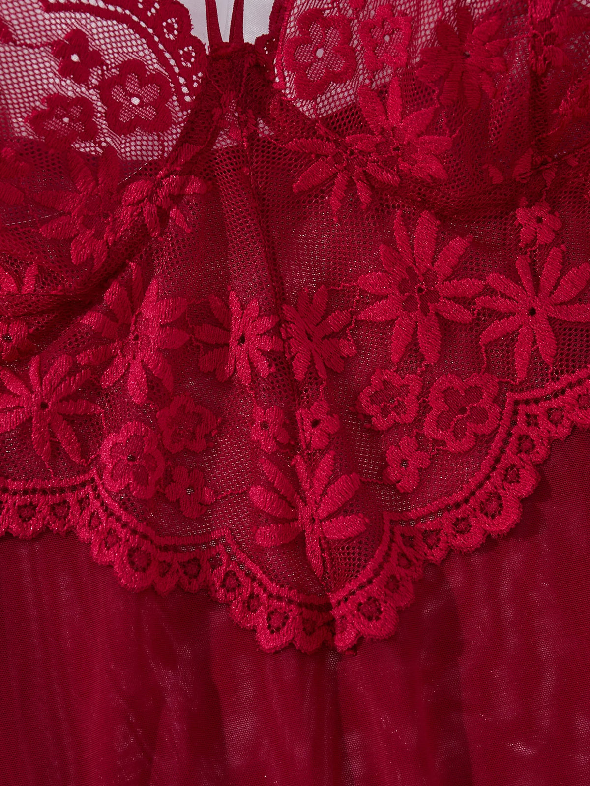 Wine Red Lace Mesh Nightgown Set