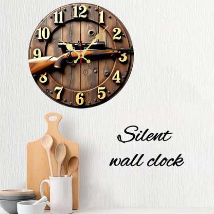 Winchester Rifle Wooden Round Silent Hanging Wall Clock, Suitable For Living Room, Office, Study Room, Bedroom, Home Decoration