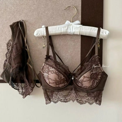 Sexy Lace Breathable Lingerie Set French-Style Small-Bust Support Bra Anti-Sagging & Side-Boob Control Soft Underwire Bra Set