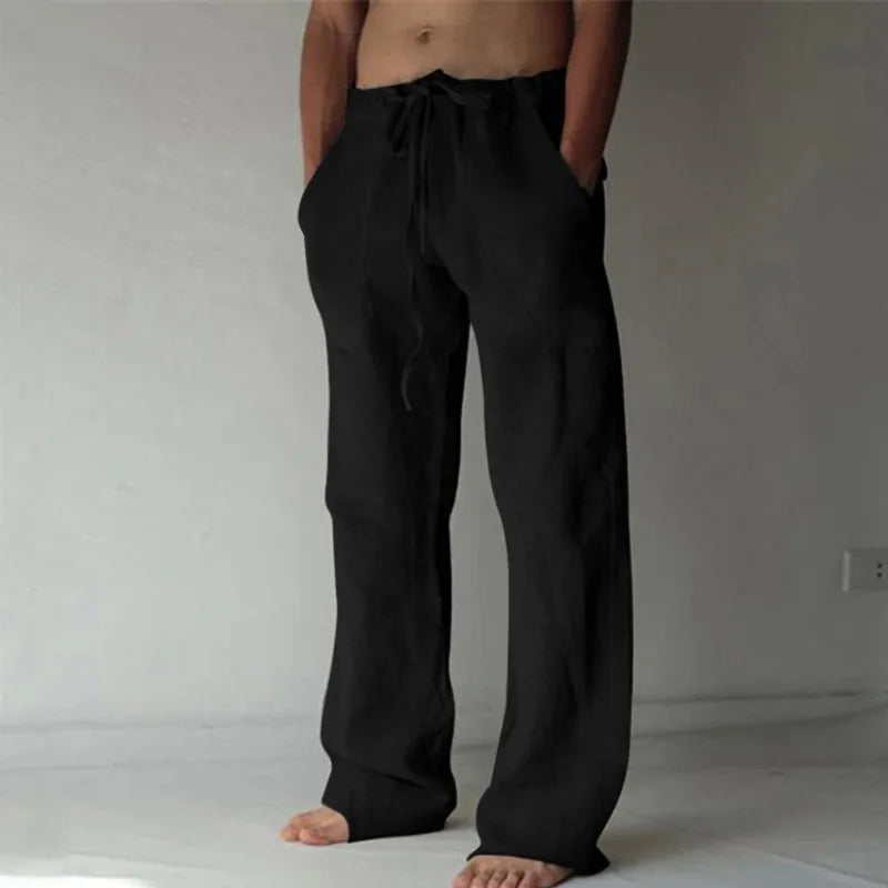 Men's Casual Pants Daily Wear Solid Summer Full Length Soft Linen Pants Mid Waist Pocket Drawstring Trousers Streetwear Bottoms