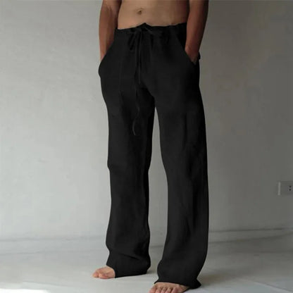 Men's Casual Pants Daily Wear Solid Summer Full Length Soft Linen Pants Mid Waist Pocket Drawstring Trousers Streetwear Bottoms