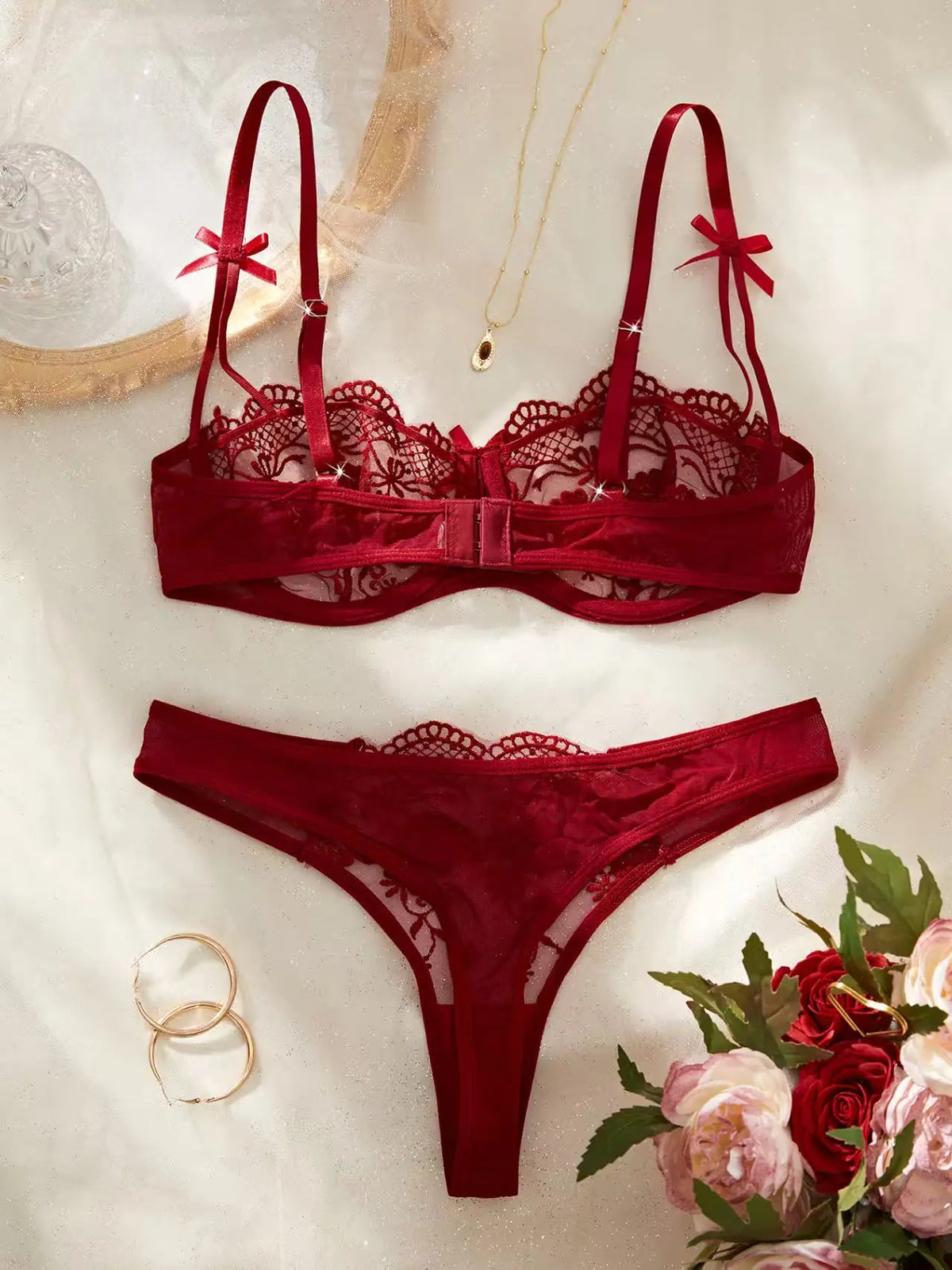 Women's Sheer Floral Embroidered Lingerie Set
