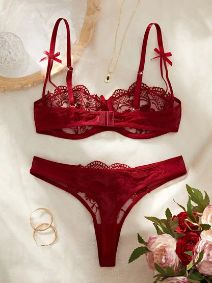 Women's Sheer Floral Embroidered Lingerie Set