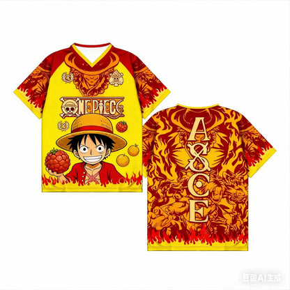 Bandai 2026 One Piece Luffy Anime T-shirt Retro Baseball Jersey Style Printed Y2k Street Wear Harajuku Family Matching