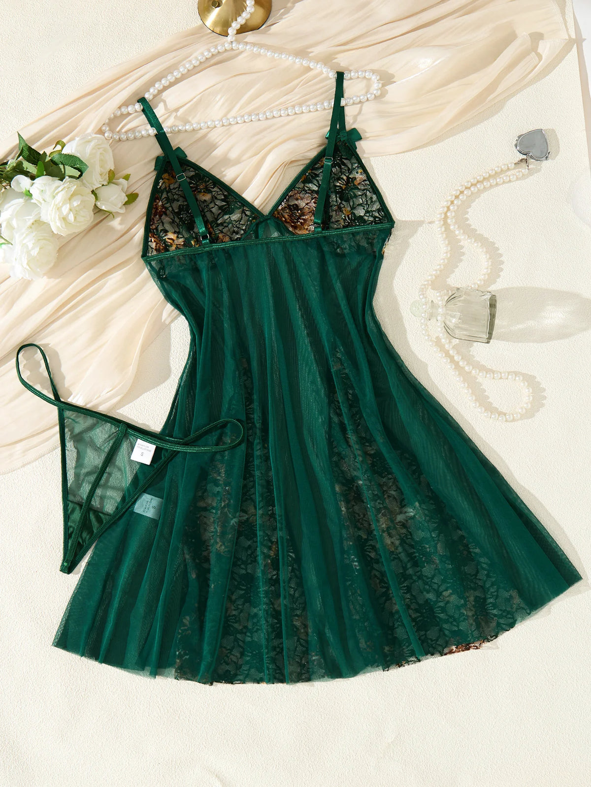 Green Floral Mesh Nightgown