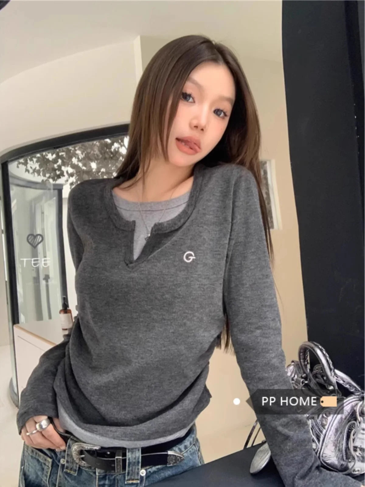 Women's Fake Two-Piece Long Sleeve T-Shirt – Slim Fit, Retro Style, S–XL