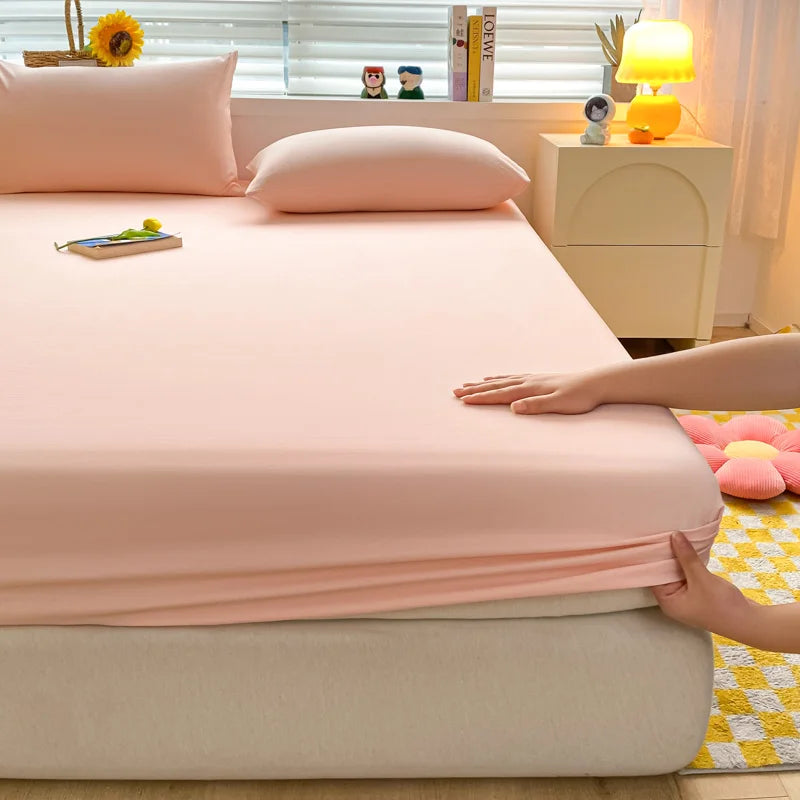 Soft Cotton Fitted Bed Sheet with Elastic Band Solid Color Mattress Cover for Single Double King Queen Bed 140/150/160/180/200