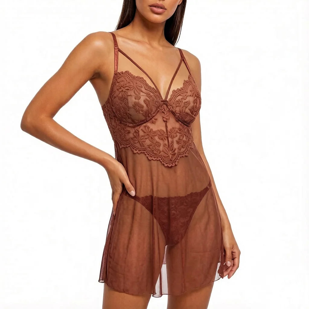 Coffee Floral Lace Nightgown Set