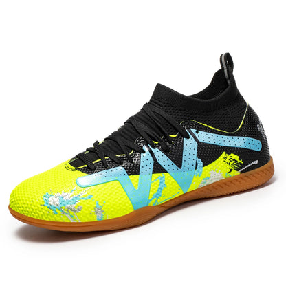 High-top Indoor Flat Soccer Shoes for Five-a-Side Training, Suitable for Both Men and Women, Featuring a Non-Slip Design.