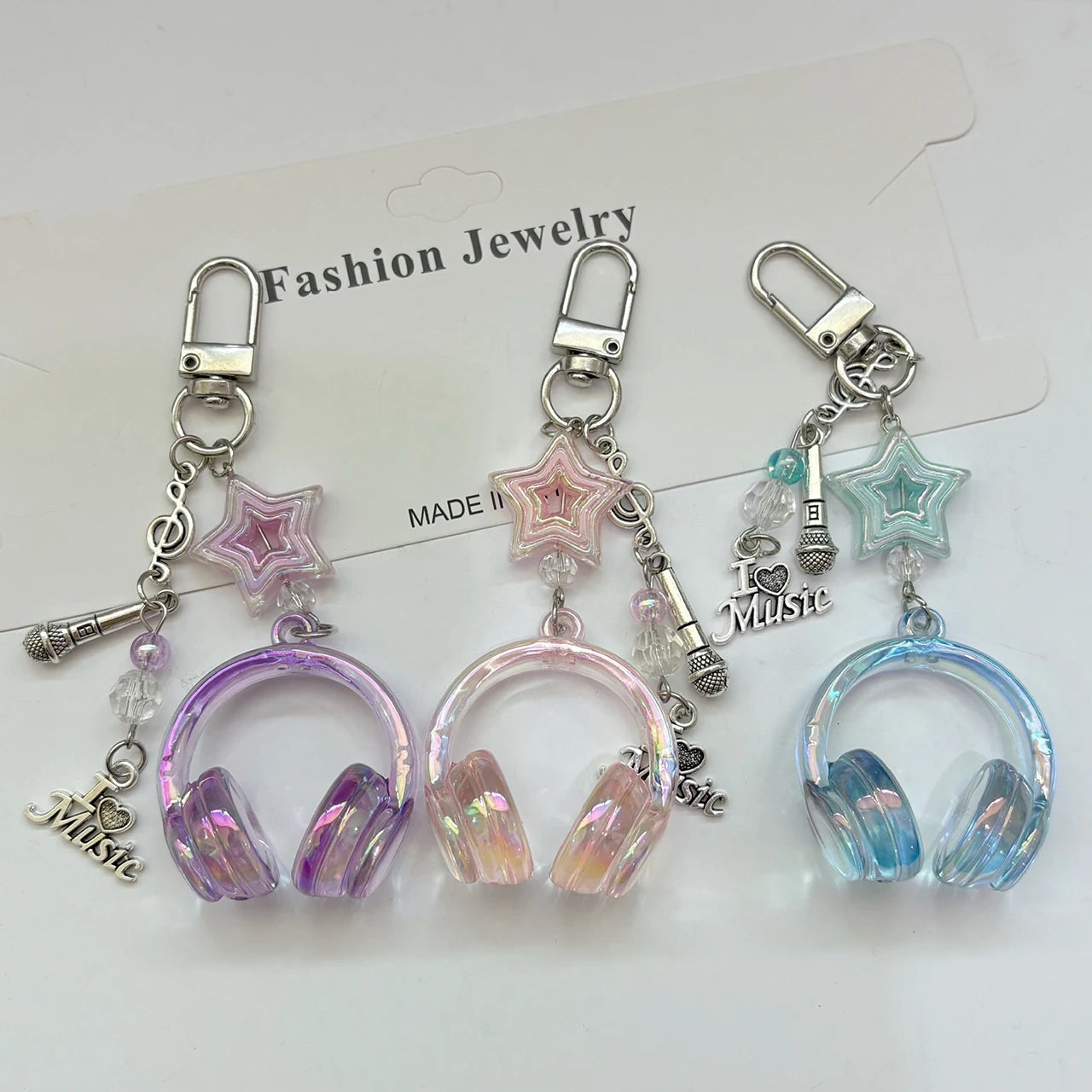 Y2K Pink Purple Gradient Color Music Earphone Beaded Keychain Creative Mini Headset Pendant Keyring Paired Lanyard Key Chain