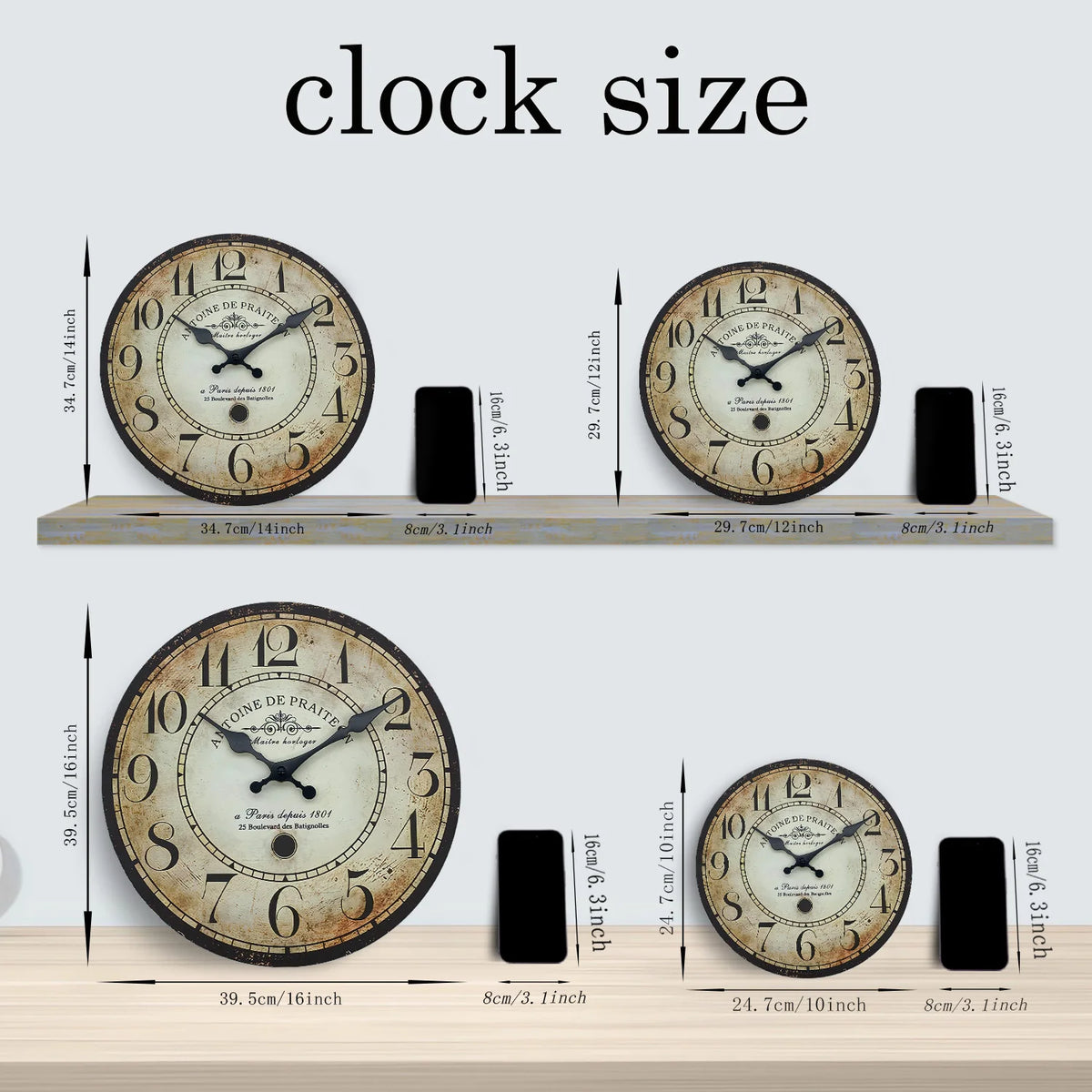 Retro“ Antoine De Praiteon a Paris Dehuis1801” Pattern Wooden Wall Clock Living Room Bedroom Kitchen Home Decoration Wall Clock Silent Quartz Clock Holiday Gift 10 Inches 12 Inches 14 Inches 16inch (Without Battery)