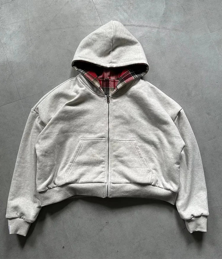 Plaid Zip-Up Hooded Jacket