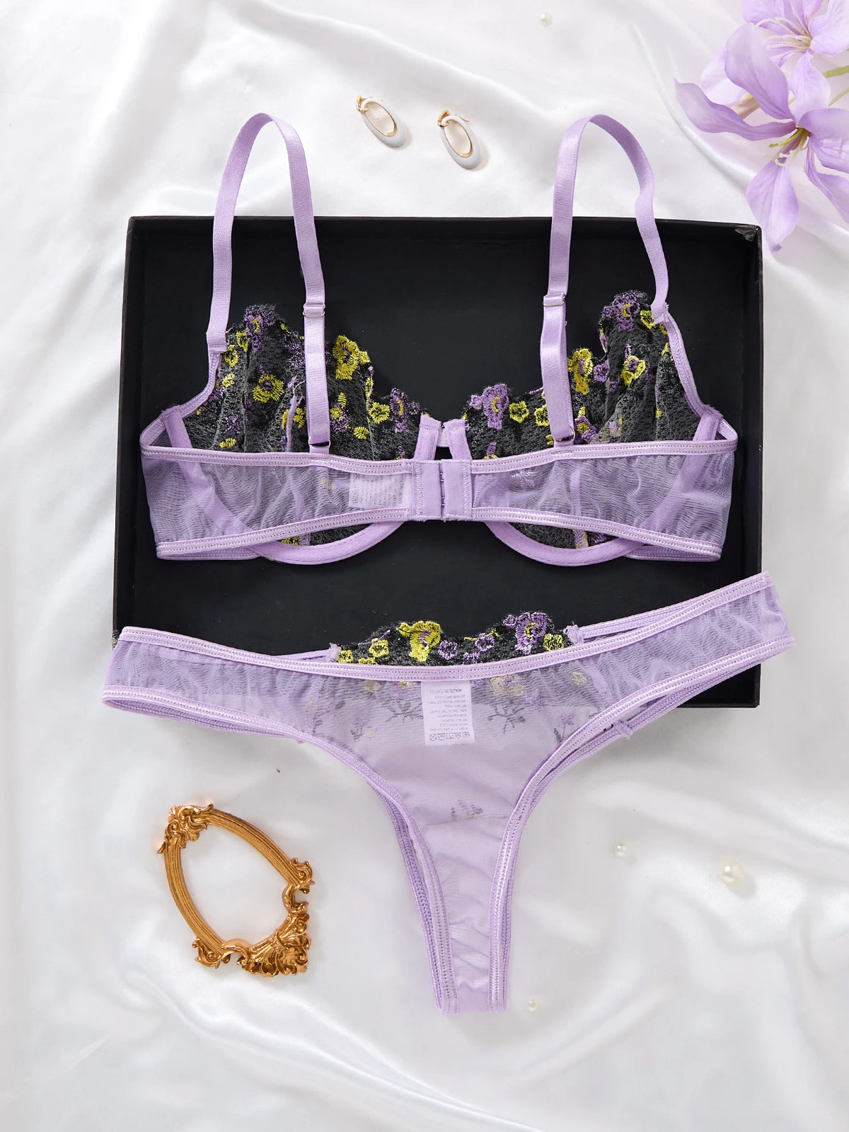 Women's Purple Floral Embroidered Bra & Brief Set